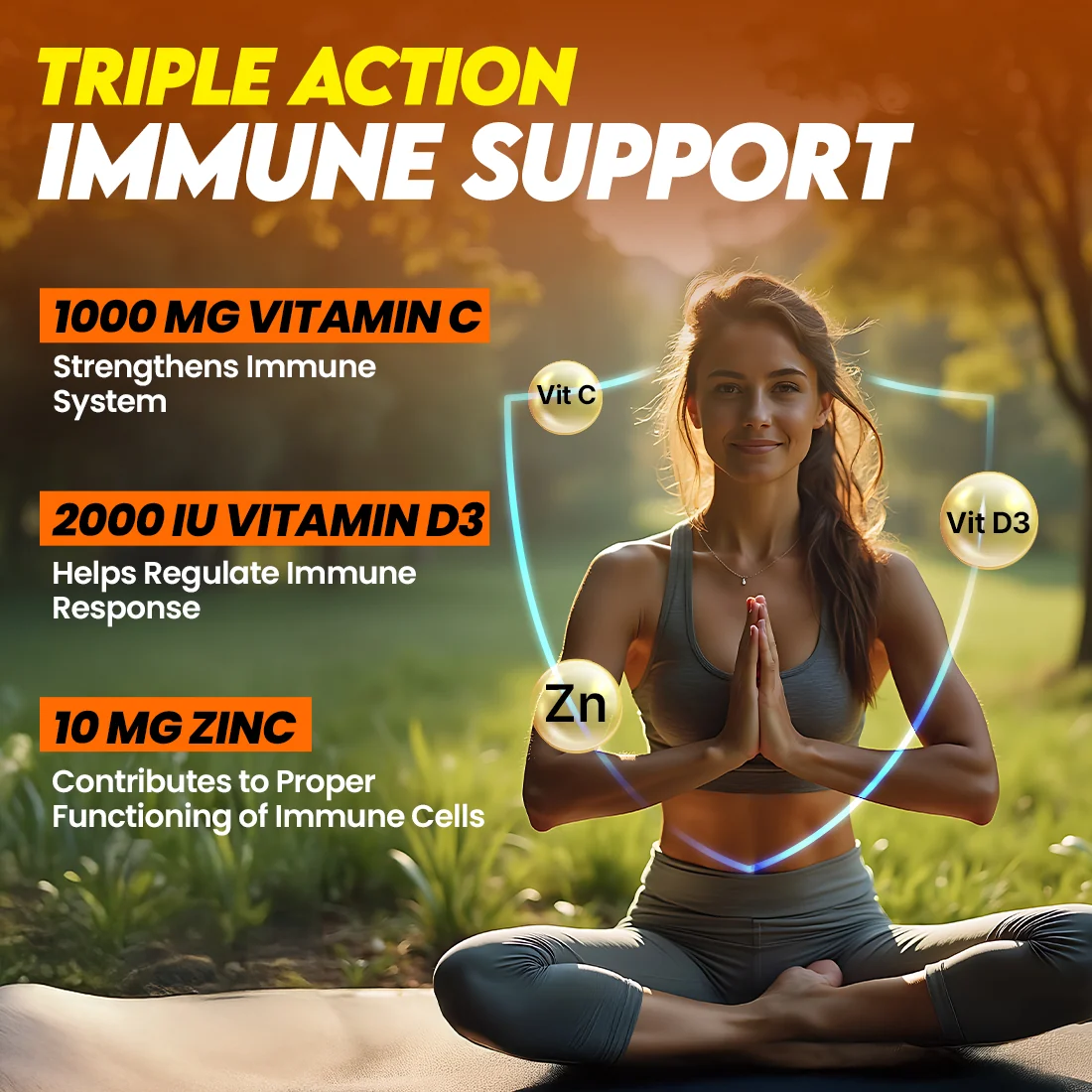 Triple action immune support: Vitamin C, D3 and Zinc