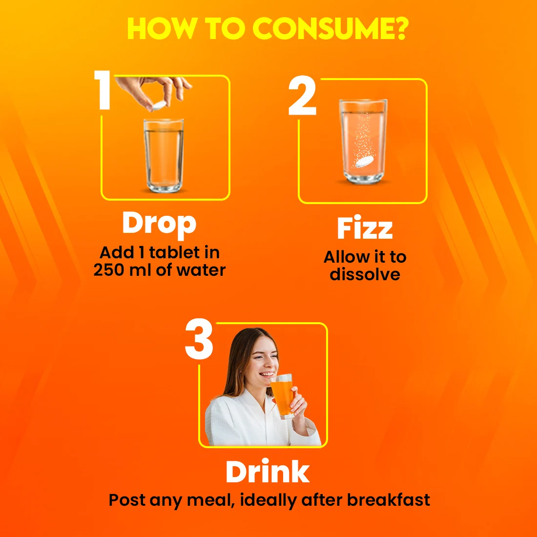Drop, fizz and drink steps for Fast&Up CDZ