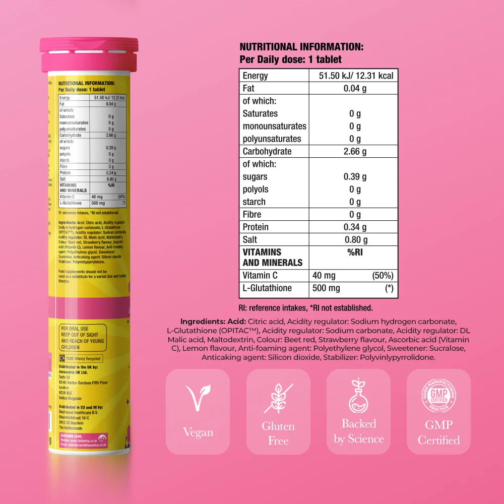 Glow nutritional information and ingredients panel