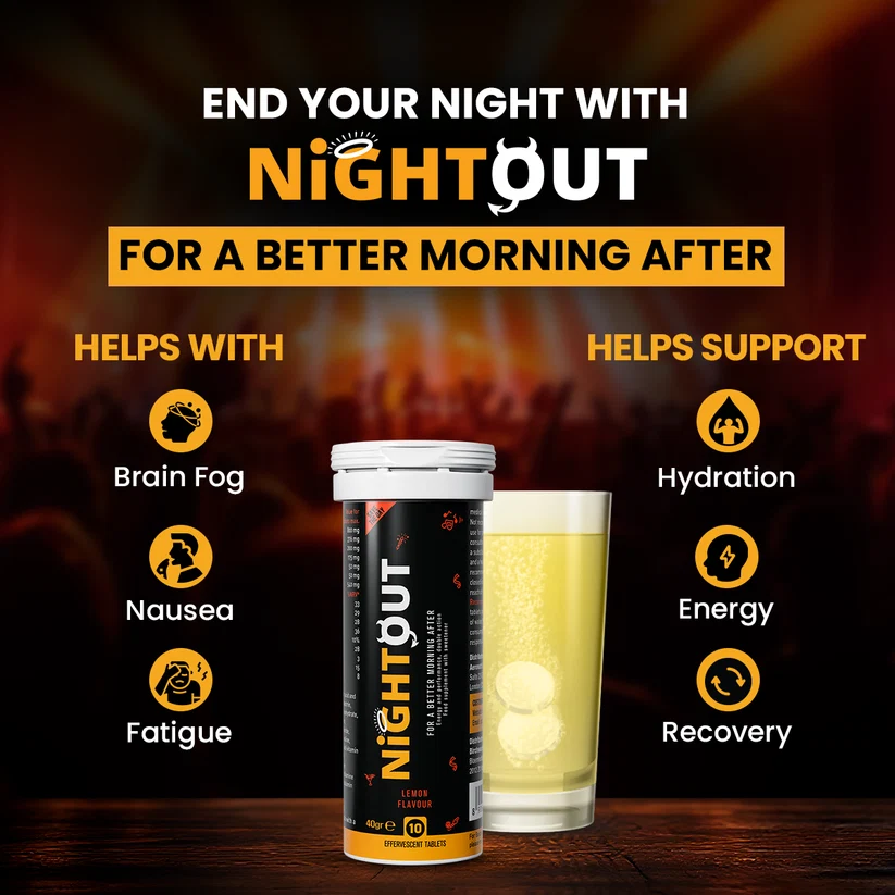 NightOut helps with brain fog, nausea and fatigue and supports hydration, energy and recovery