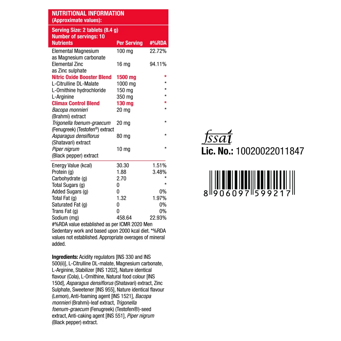 Man Extend Delay Climax nutritional information panel