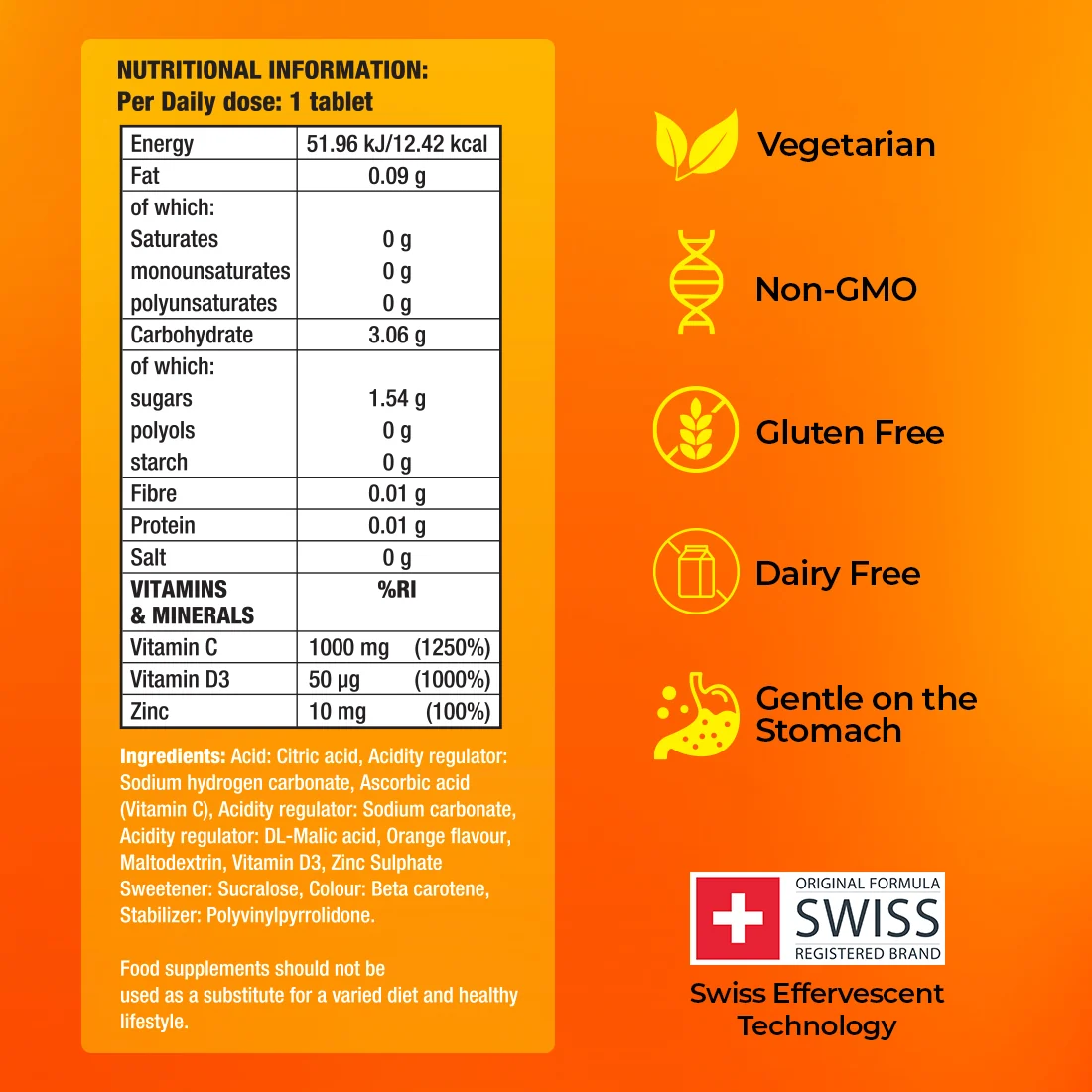 Vitamin C, D3 & Zinc nutritional information panel